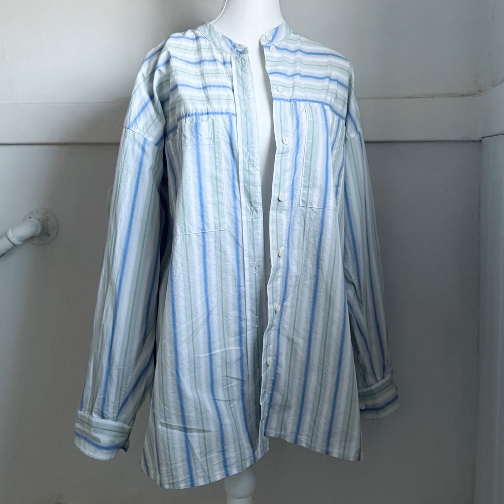 Wilfred Oversized Cotton Button Up Shirt Blue Stripe Size M